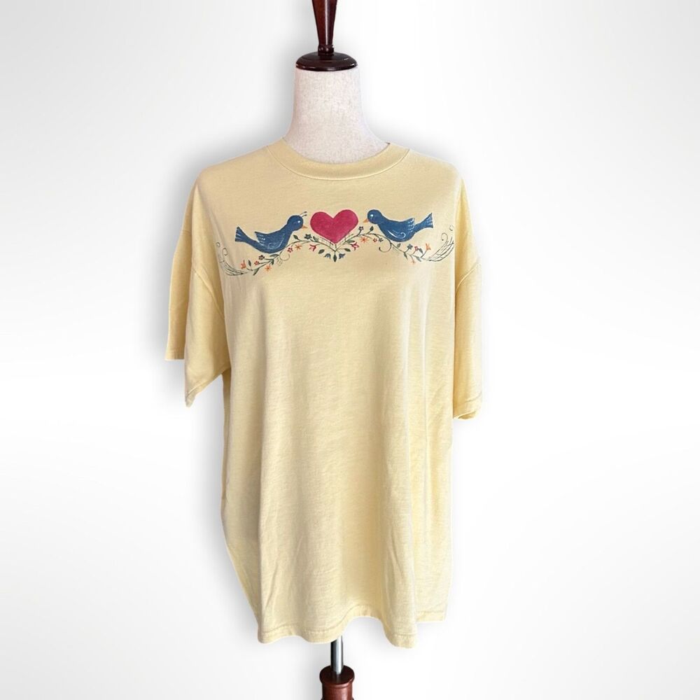 VTG Yellow 90s Bird & Heart Print Tee, Folk Art, Cottagecore Butter Mom, XL